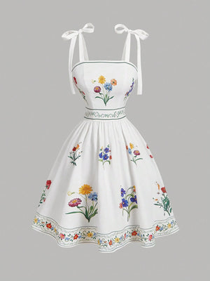 Vestido Corto Blanco Floral Bordado Con Tirantes De Lazo vista frontal completa.
