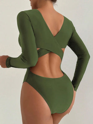 Traje De Baño Deportivo Verde Militar Espalda Abierta Y Manga Larga