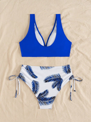 Bikini Azul Real Estampado De Plantas Con Cordón Y Talle Alto detalle top
