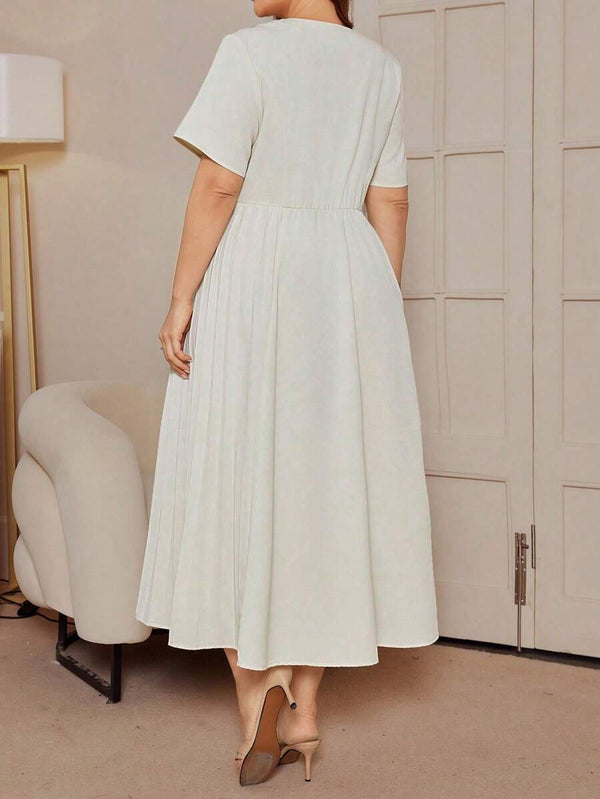 Vestido Albaricoque Midi Con Escote Corazón Y Plisado
