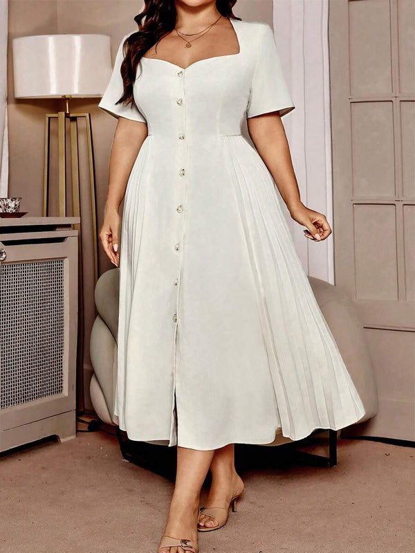 Vestido Albaricoque Midi Con Escote Corazón Y Plisado