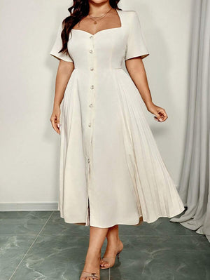 Vestido Albaricoque Midi Con Escote Corazón Y Plisado