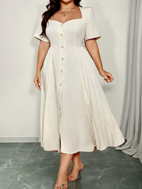 Vestido Albaricoque Midi Con Escote Corazón Y Plisado
