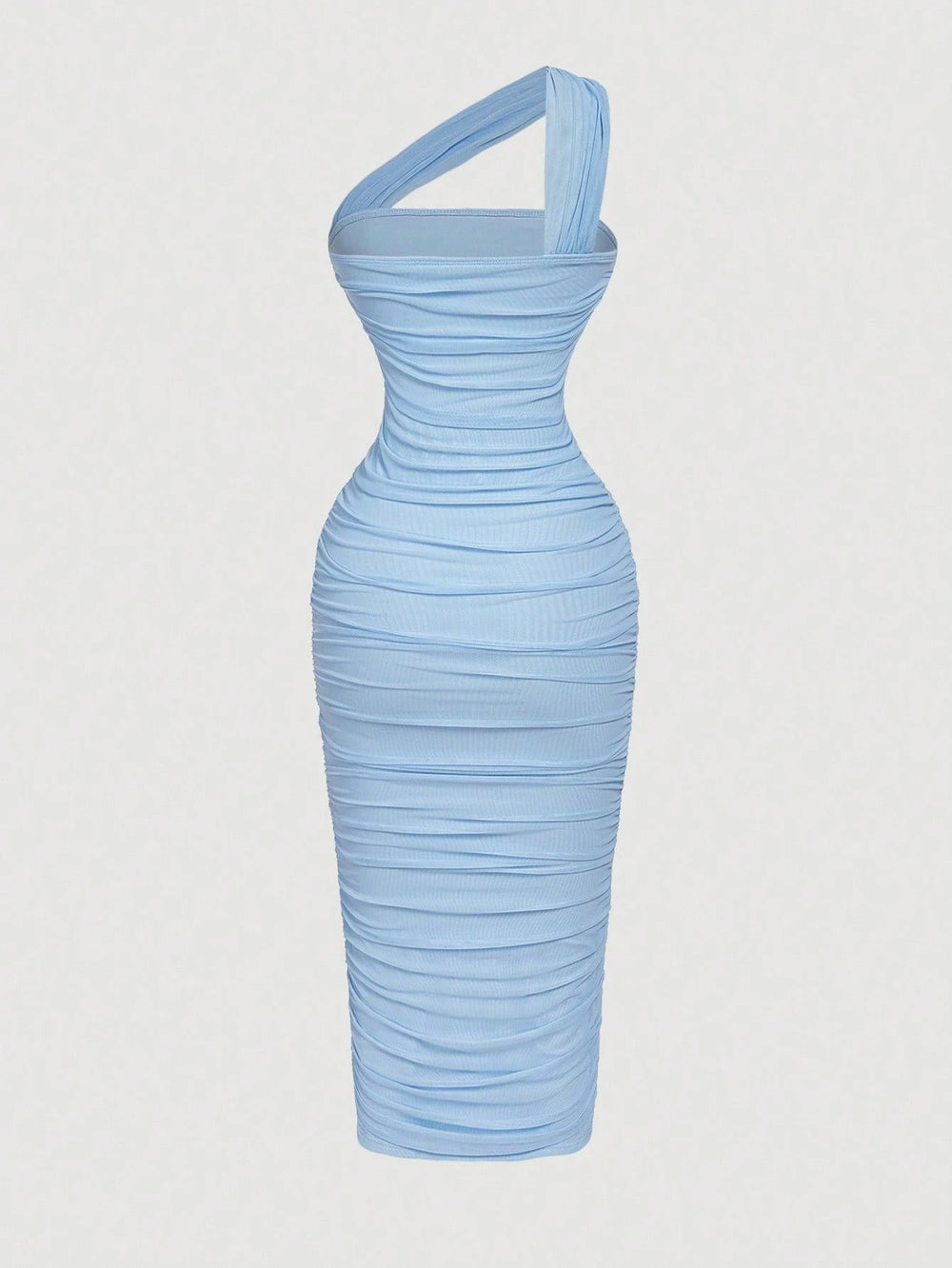 Vestido midi azul asimétrico ajustado elegante vista frontal