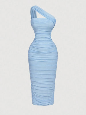 Vestido midi azul asimétrico ajustado elegante vista frontal