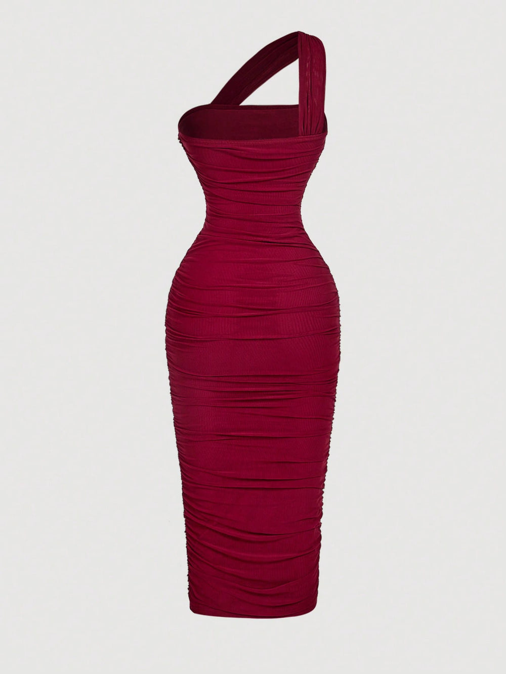 Imagen 1: Vista frontal del Vestido Midi Fruncido Burdeos en maniquí invisible.