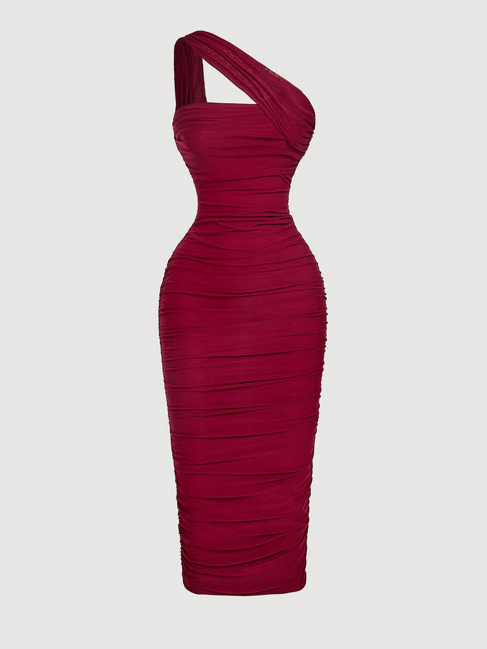 Imagen 1: Vista frontal del Vestido Midi Fruncido Burdeos en maniquí invisible.