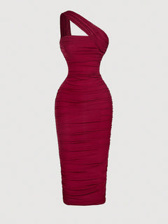 Imagen 1: Vista frontal del Vestido Midi Fruncido Burdeos en maniquí invisible.