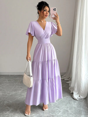 Vestido Largo Lila Con Manga Corta Y Escote En V