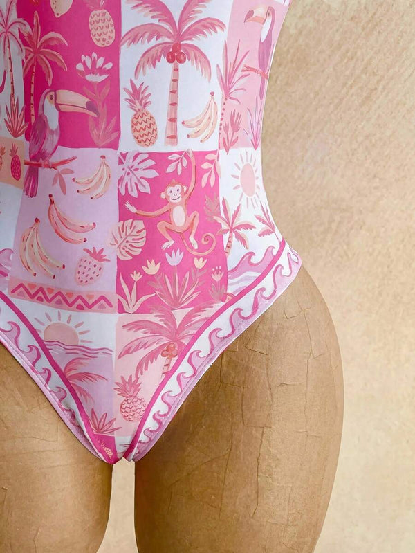 Traje de Baño Tropical Rosa con Volantes