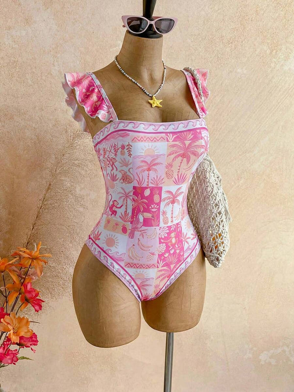 Traje de Baño Tropical Rosa con Volantes