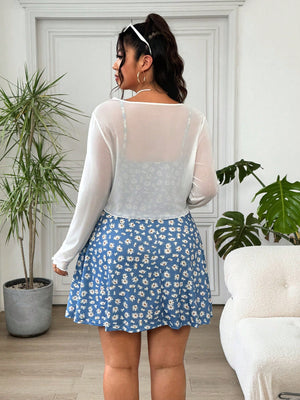 Vestido Azul Con Daisy Print ajustado con estampado de margaritas – vista frontal sin cárdigan.