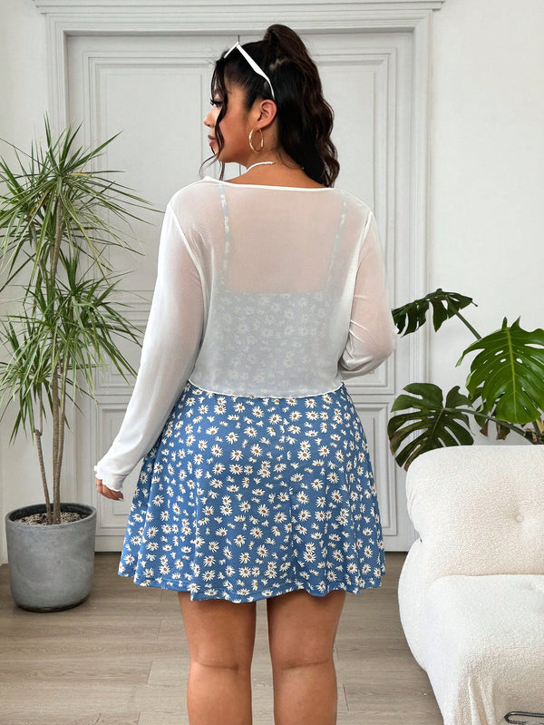 Vestido Azul Con Daisy Print ajustado con estampado de margaritas – vista frontal sin cárdigan.