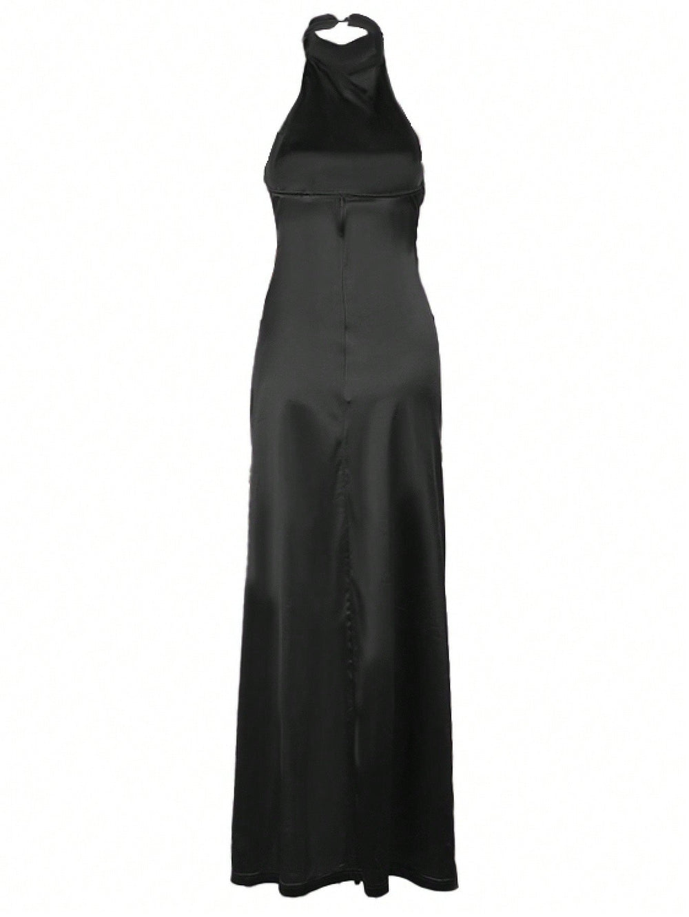 Vista frontal del vestido largo negro halter con abertura lateral y diseño fruncido.