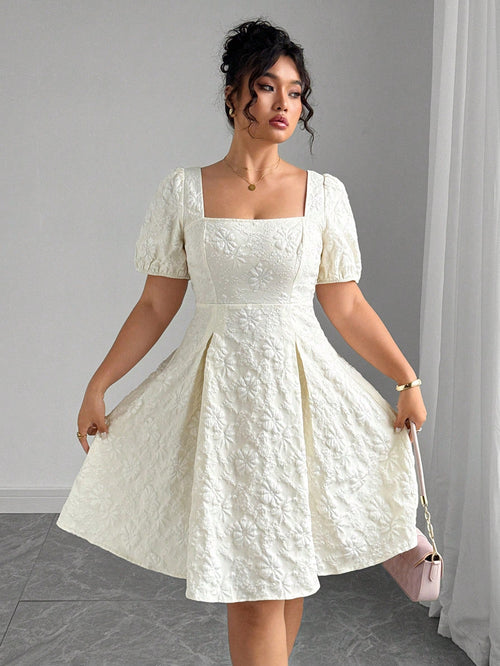 Vestido albaricoque elegante con manga farol y corte campana frontal