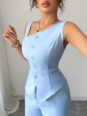 Conjunto Elegante Azul Asimétrico Con Pantalón Largo