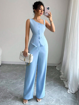 Conjunto Elegante Azul Asimétrico Con Pantalón Largo