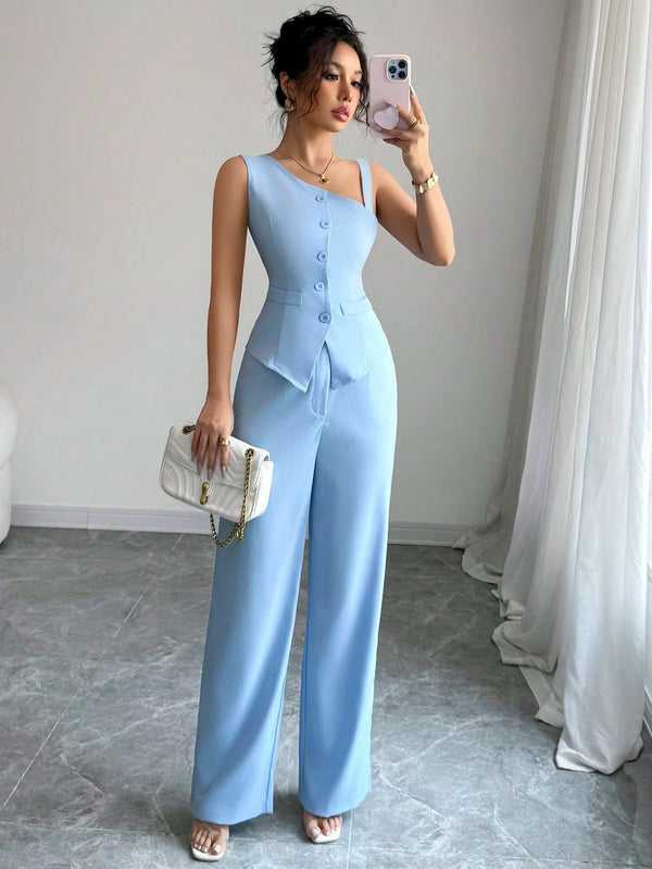Conjunto Elegante Azul Asimétrico Con Pantalón Largo