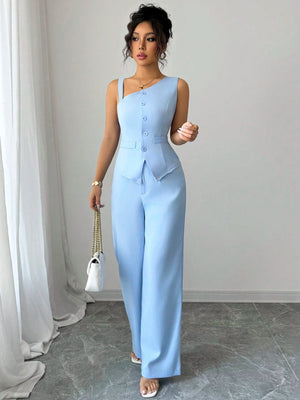Conjunto Elegante Azul Asimétrico Con Pantalón Largo
