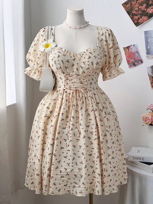 Vestido amarillo con manga farol y estampado floral para mujer vista frontal