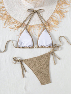 Bikini Caqui Texturizado Con Top Triangular Y Lazo Ajustable