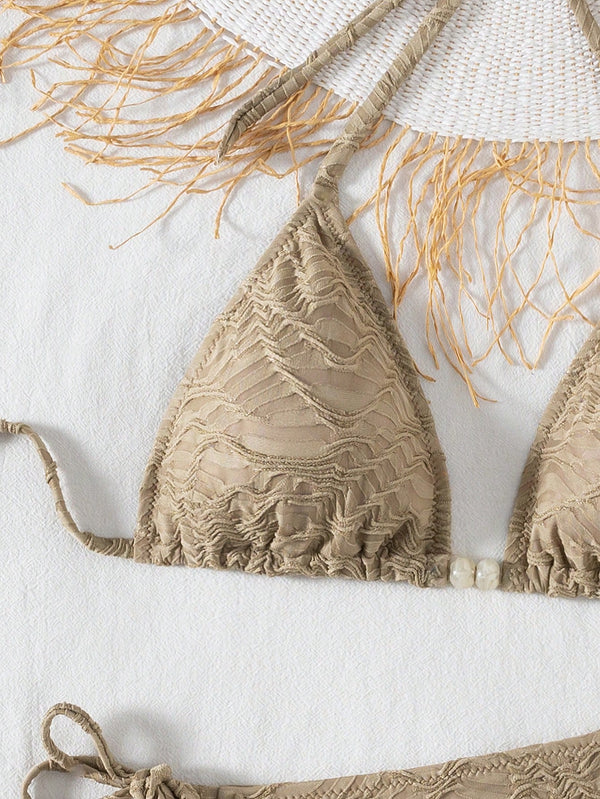 Bikini Caqui Texturizado Con Top Triangular Y Lazo Ajustable