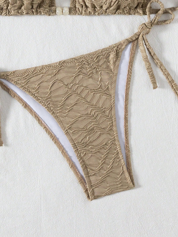 Bikini Caqui Texturizado Con Top Triangular Y Lazo Ajustable
