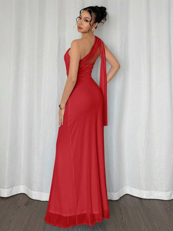 Vestido Largo Rojo Asimétrico de Un Hombro Elegante