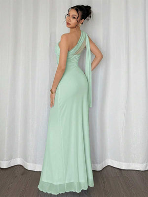 Vestido Largo Elegante De Un Hombro Verde Menta