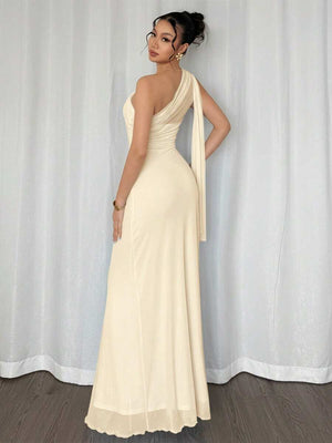Vestido Largo Asimétrico Drapeado De Fiesta Beige