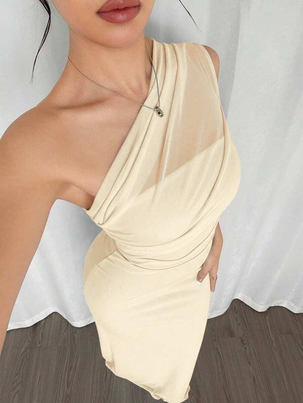 Vestido Largo Asimétrico Drapeado De Fiesta Beige