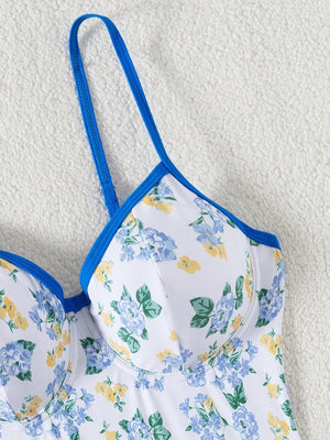 Traje De Baño Floral Multicolor Con Push Up Y Ribete Azul Cobalto