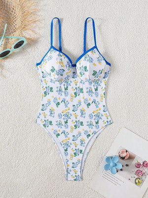 Traje De Baño Floral Multicolor Con Push Up Y Ribete Azul Cobalto