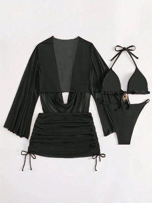 Set bikini negro con falda fruncida y top de tirantes finos
