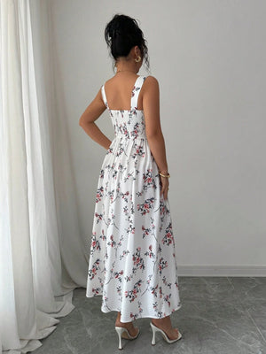 Vestido floral midi blanco ajustado vista trasera