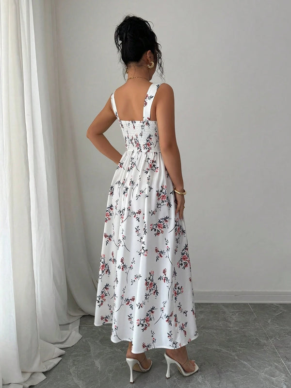 Vestido floral midi blanco ajustado vista trasera