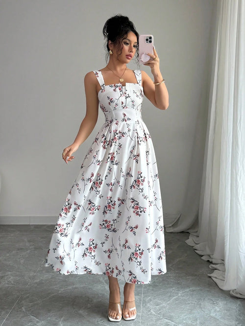 Vestido floral midi blanco ajustado frontal