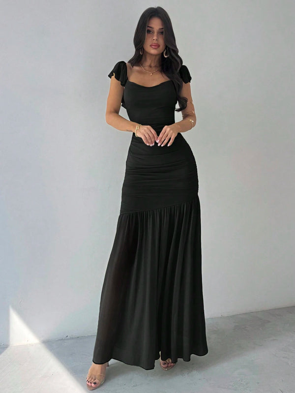Vestido Negro Elegante Sirena Maxi Con Volantes Y Fruncido look completo