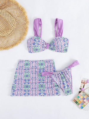 Conjunto De Bikini Multicolor Con Top Bralette Y Falda Corta