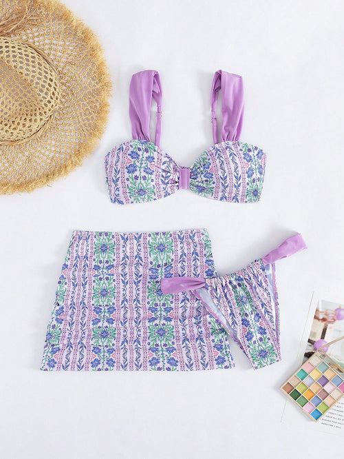 Conjunto De Bikini Multicolor Con Top Bralette Y Falda Corta