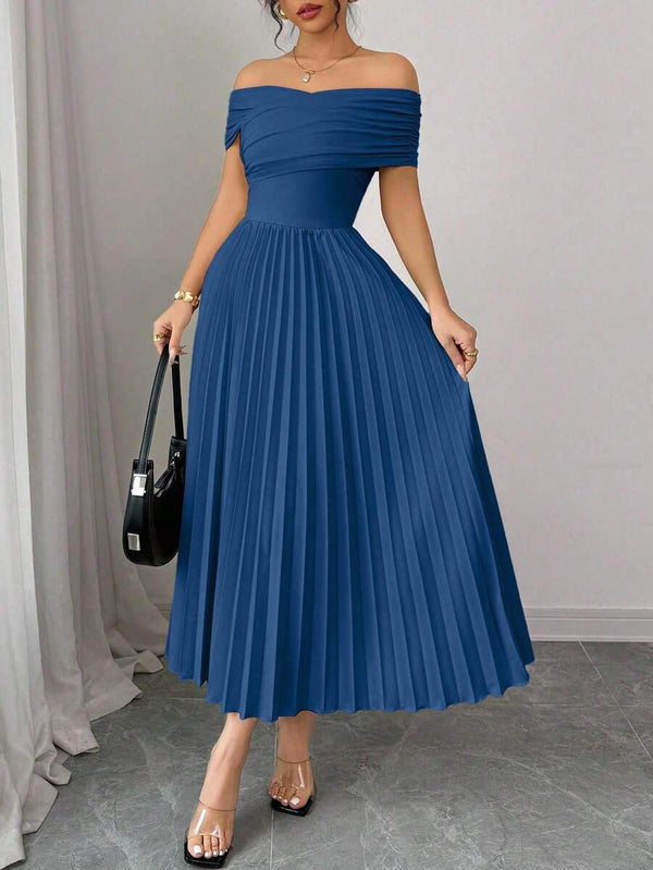 Vestido Largo Plisado Elegante Con Hombros Descubiertos