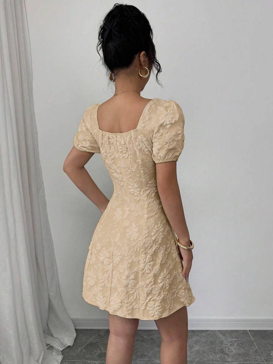 Vestido caqui casual con manga farol y escote cuadrado frontal