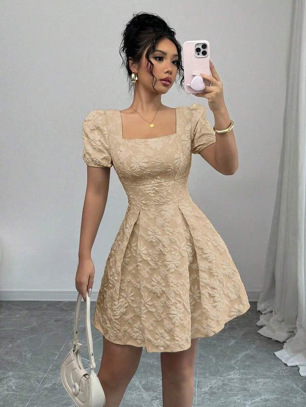 Vestido caqui casual con manga farol y bolso de mano