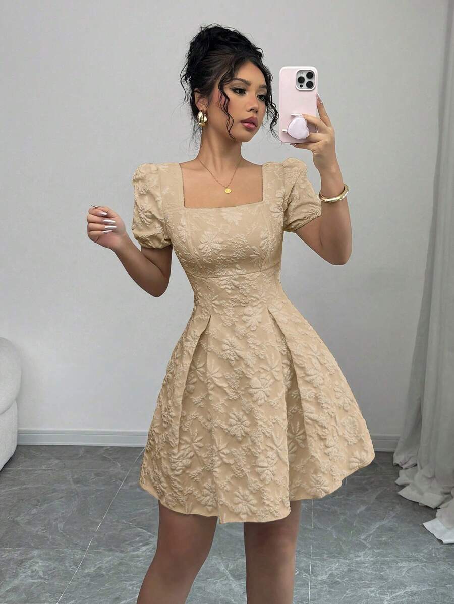 Vestido caqui casual con manga farol y escote cuadrado frontal