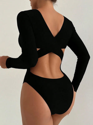 Traje De Baño Deportivo Manga Larga Negro Con Espalda Descubierta