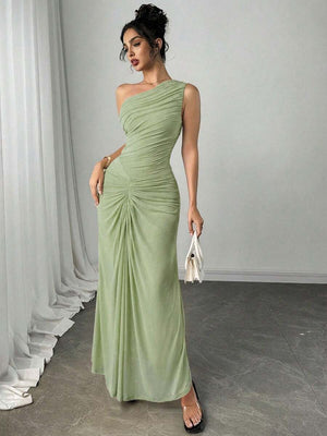 Vestido Largo Asimétrico Drapeado Verde Menta
