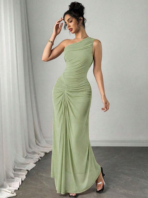 Vestido Largo Asimétrico Drapeado Verde Menta