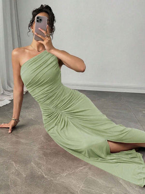Vestido Largo Asimétrico Drapeado Verde Menta