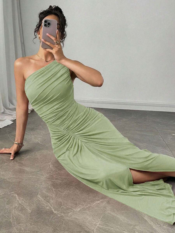Vestido Largo Asimétrico Drapeado Verde Menta