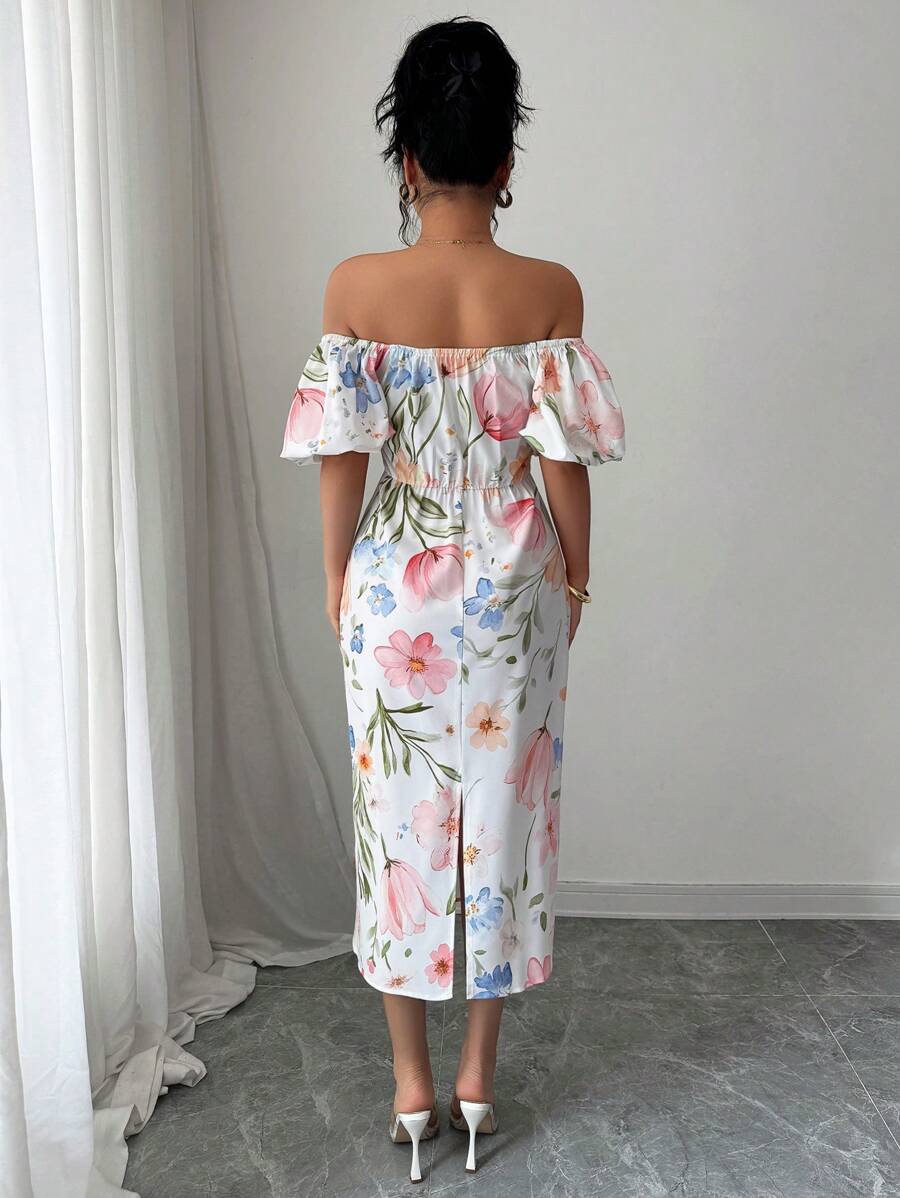 Vestido elegante midi floral con hombros descubiertos vista frontal